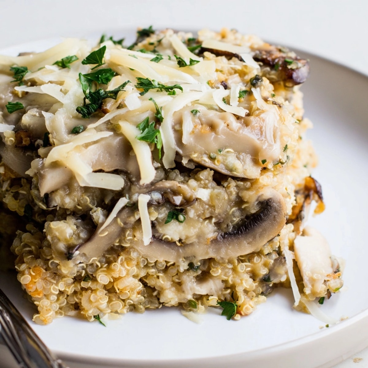 Golden bubbling Alfredo Quinoa Mushroom Bake, a creamy vegetarian casserole ready to serve.