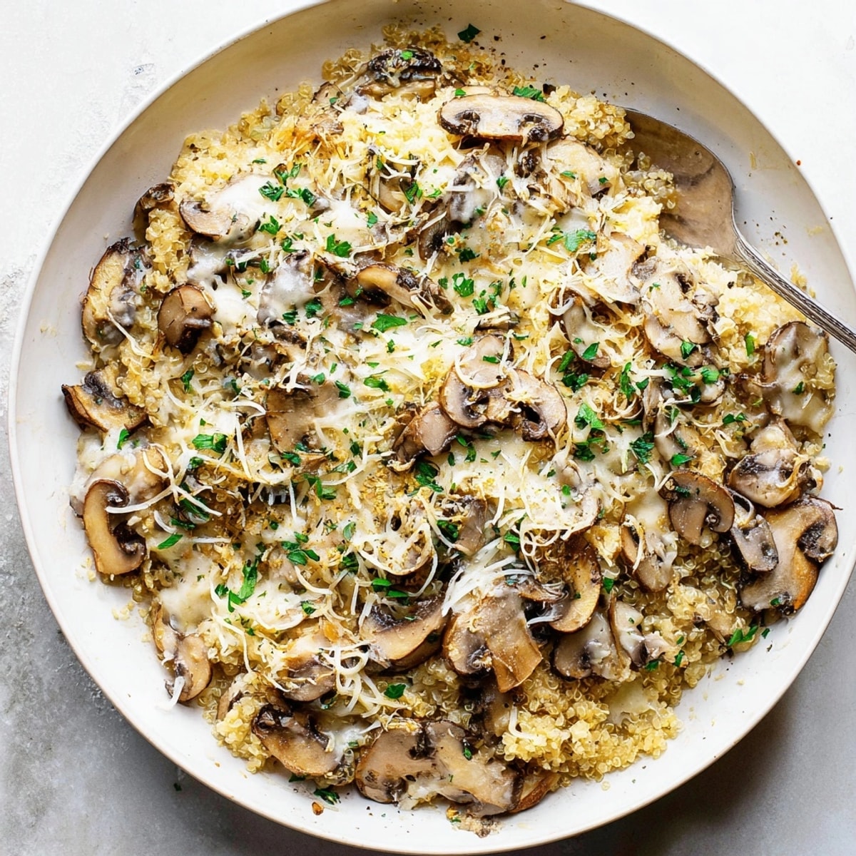 Baking dish filled with delicious Alfredo Quinoa Mushroom Bake, perfect for family dinner.
