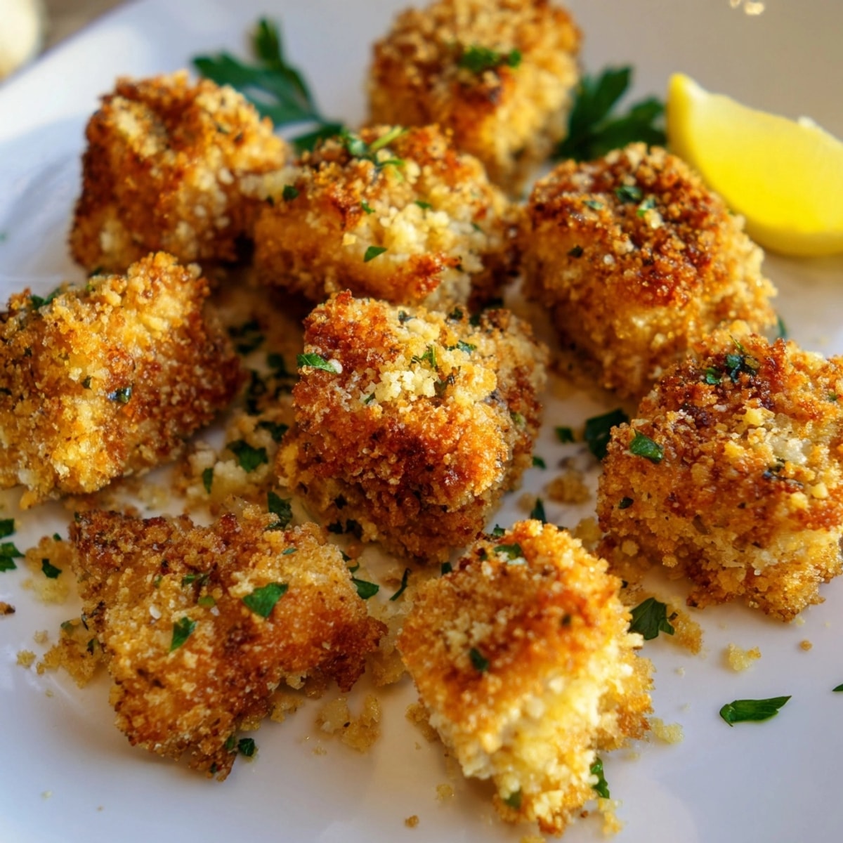 Golden, crispy Garlic Herb Popcorn Chicken, fried to perfection, ready for dipping.