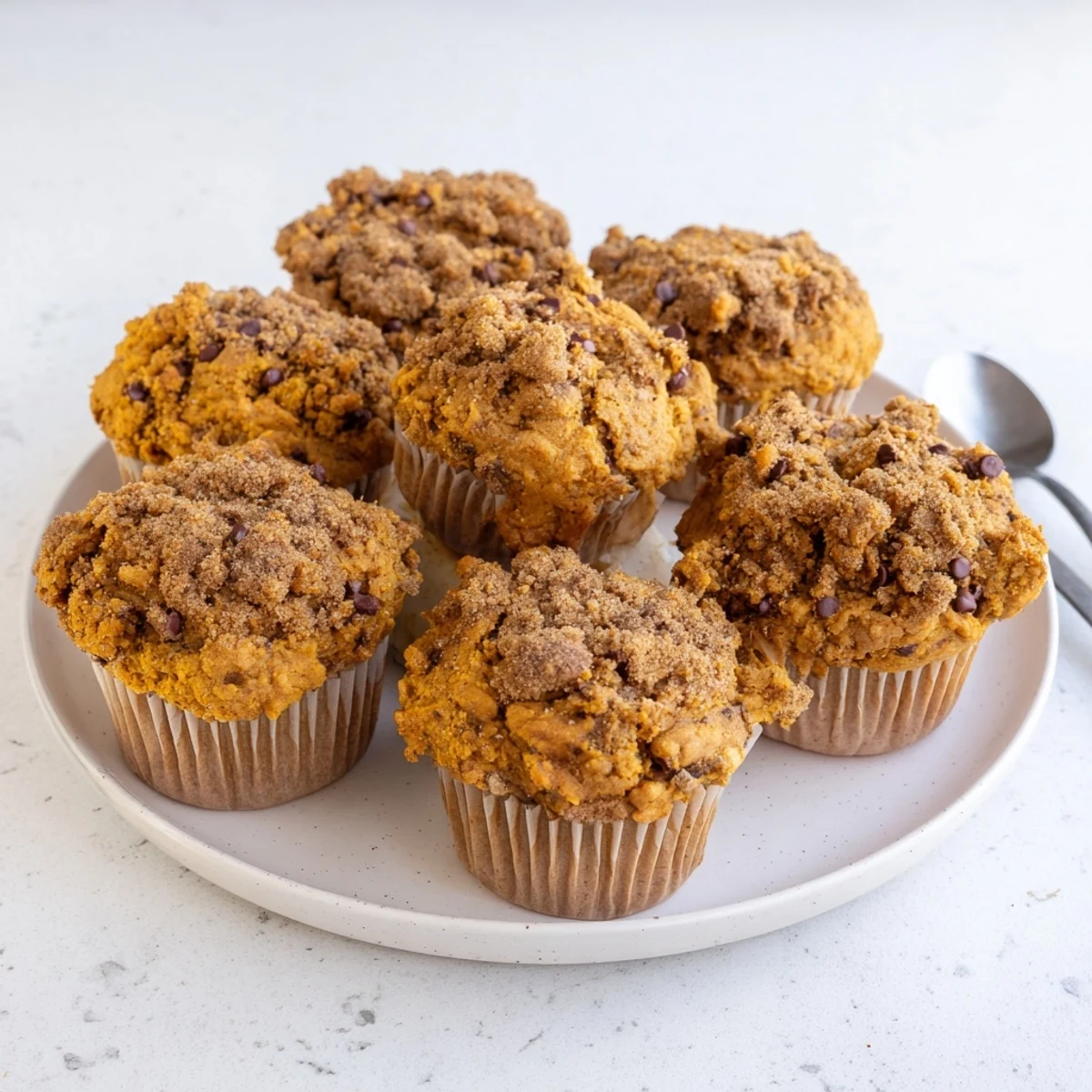 Butterscotch pumpkin chocolate chip muffins fresh from the oven, golden and inviting.  