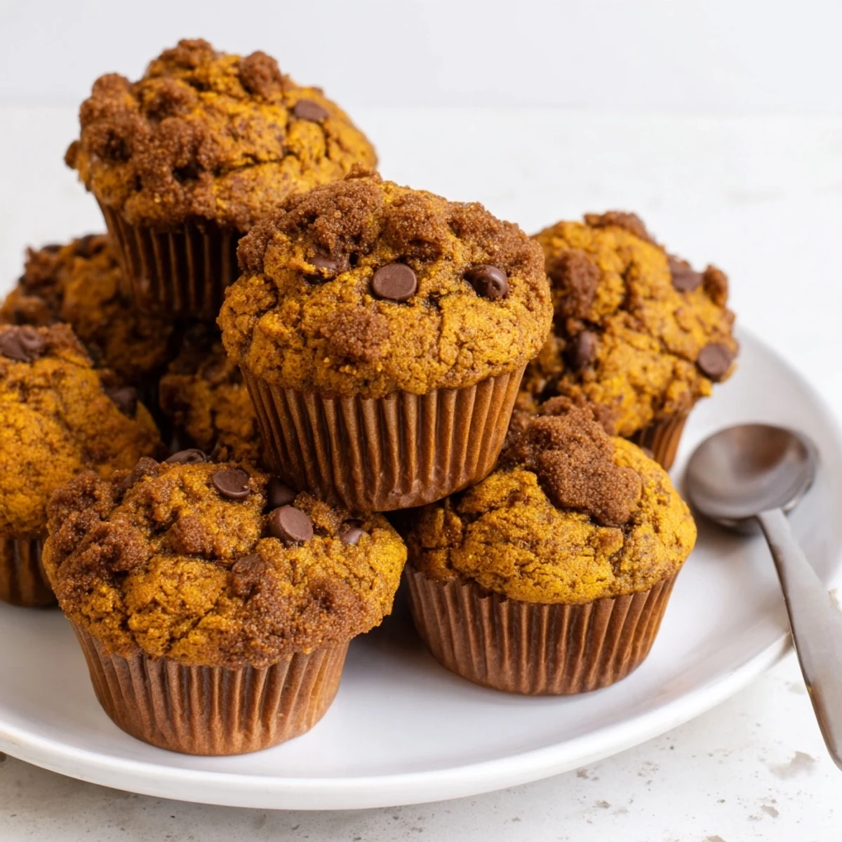 Moist pumpkin muffins filled with creamy butterscotch and chocolate chunks for autumn indulgence.  