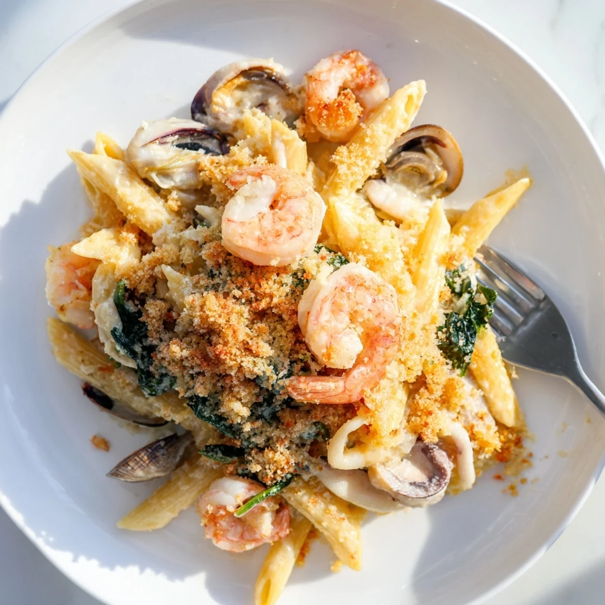 Creamy Japanese Seafood Pasta Bake bursting with tender seafood and rich umami flavors.  