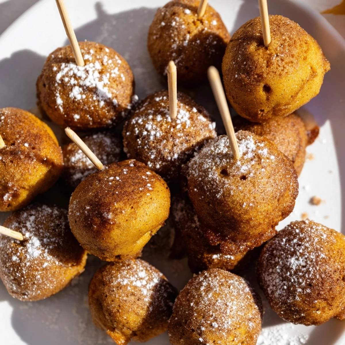 Fluffy pumpkin muffin pancake pops dusted with powdered sugar and warm spices.  