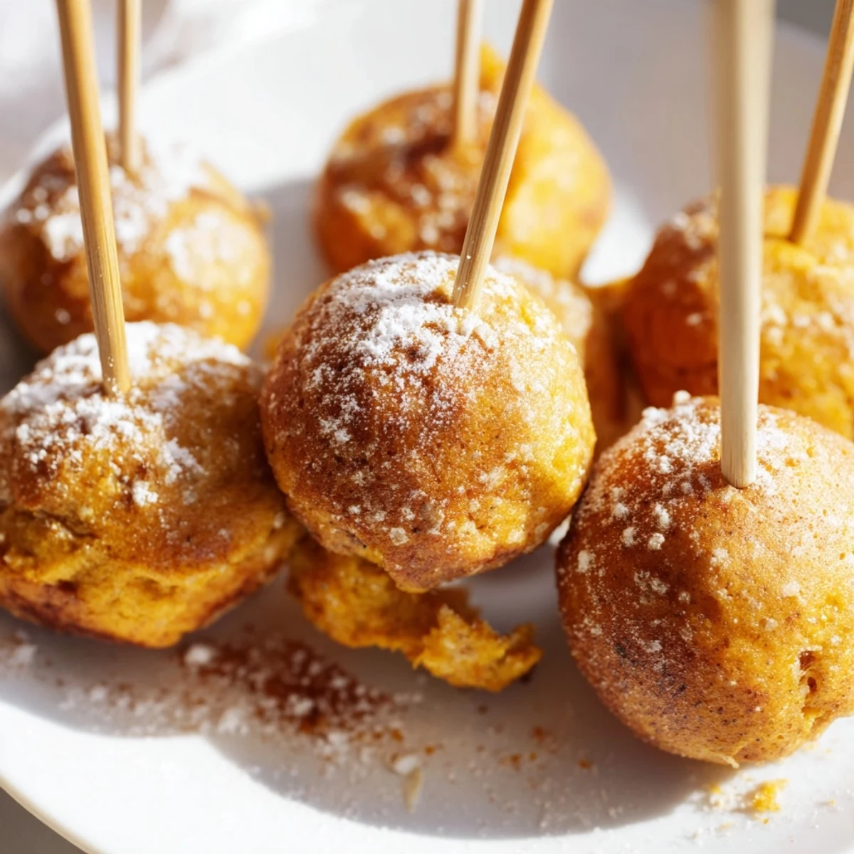 Golden pancake pops on sticks, served with maple syrup for a tasty treat.