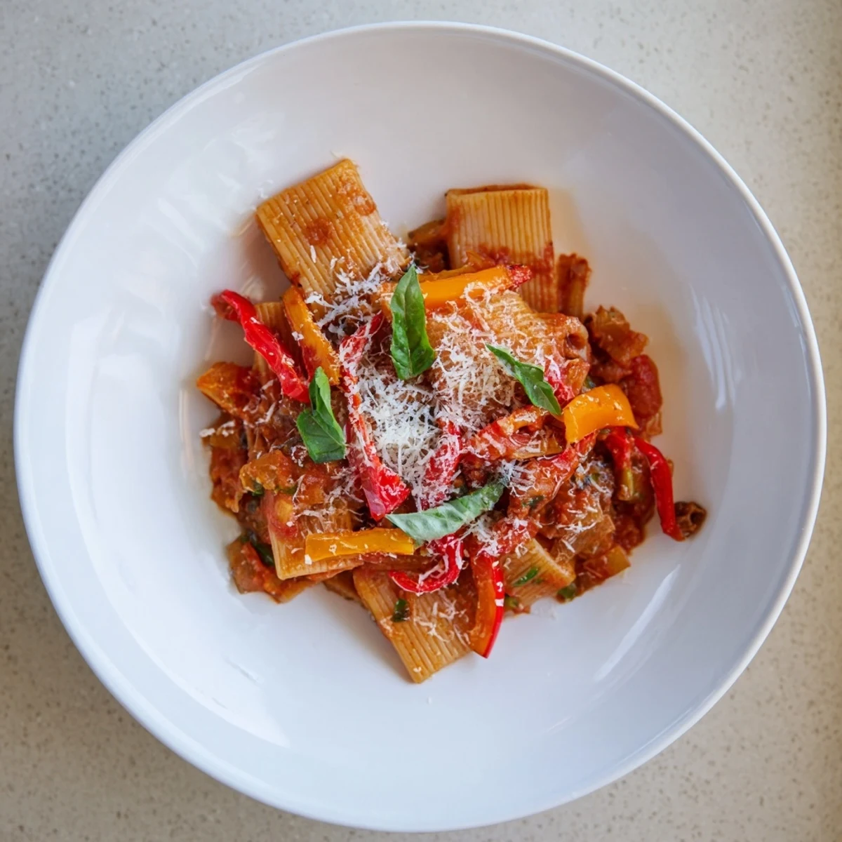 Comforting Spicy Fall Pasta with Roasted Peppers, garnished with fresh basil and Parmesan.  