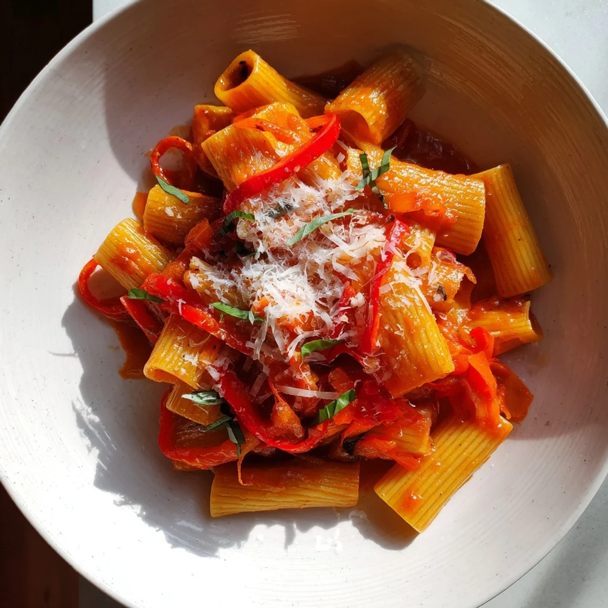 Delicious Spicy Fall Pasta featuring tender roasted peppers and a kick of chili.  