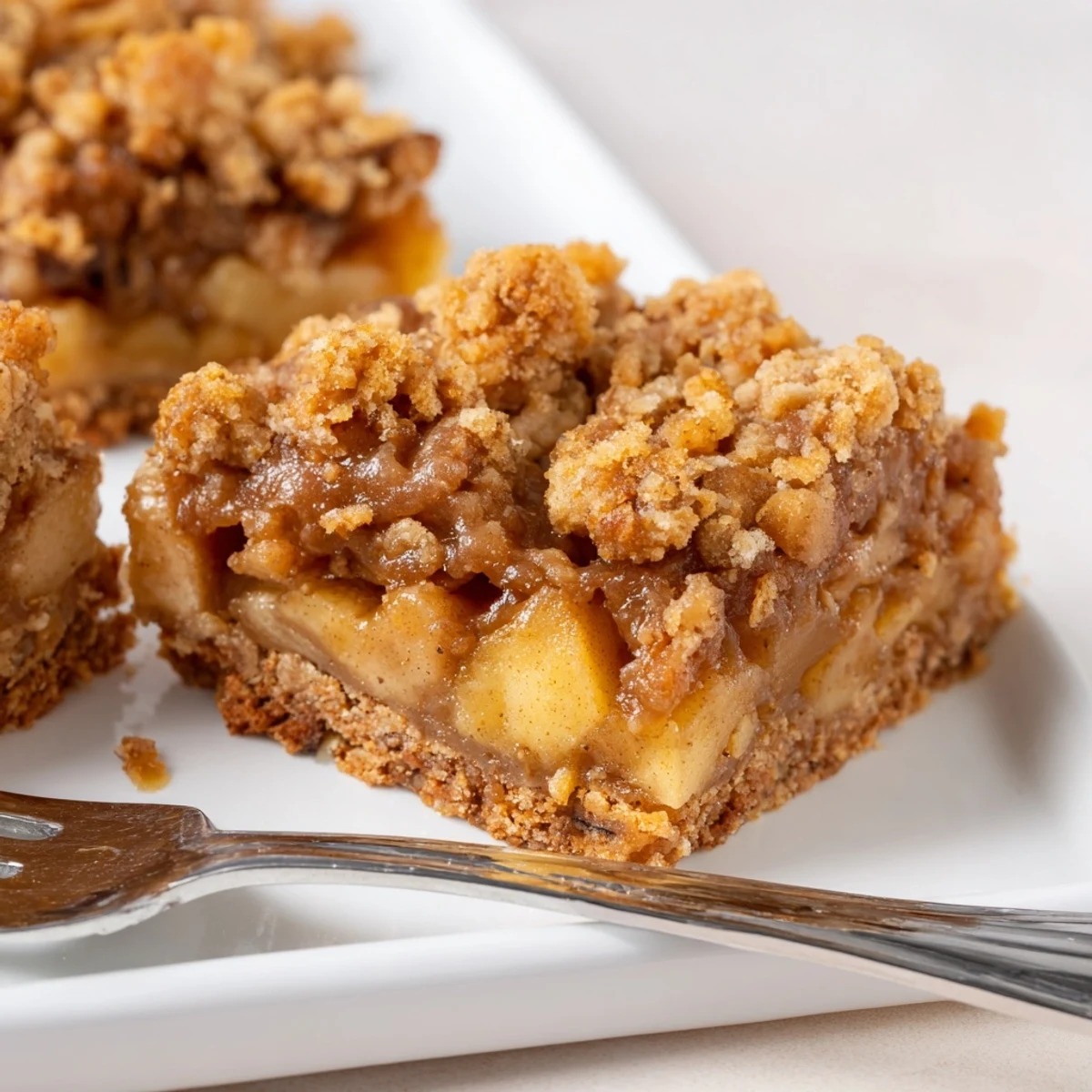 Layered spiced caramel apple cookie bars drizzled with rich caramel and cinnamon.
