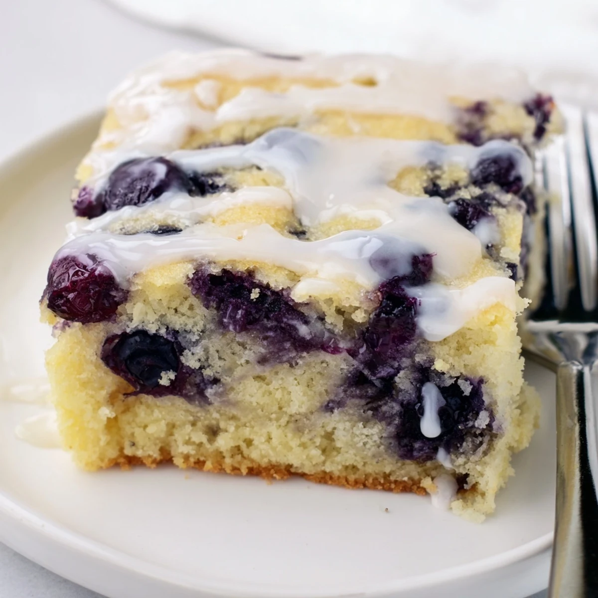 Fluffy blueberry pancake soda sheet cake drizzled with sweet vanilla glaze.  