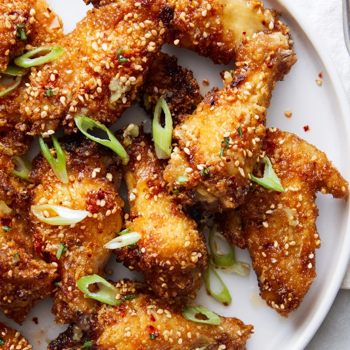 Spicy, crunchy Chili Garlic Soda Float Wings garnished with green onions and sesame seeds.  