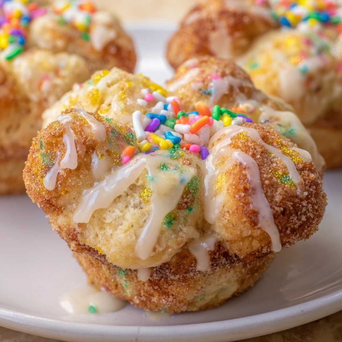 Delightful Funfetti Biscuit Monkey Muffins drizzled with glaze and topped with extra sprinkles.  
