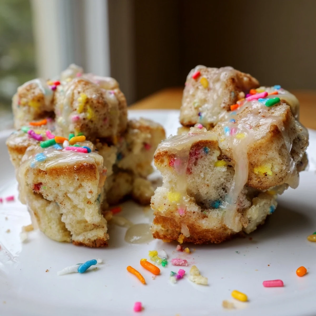 Rainbow sprinkles coat soft biscuit monkey muffins, perfect for parties and celebrations.