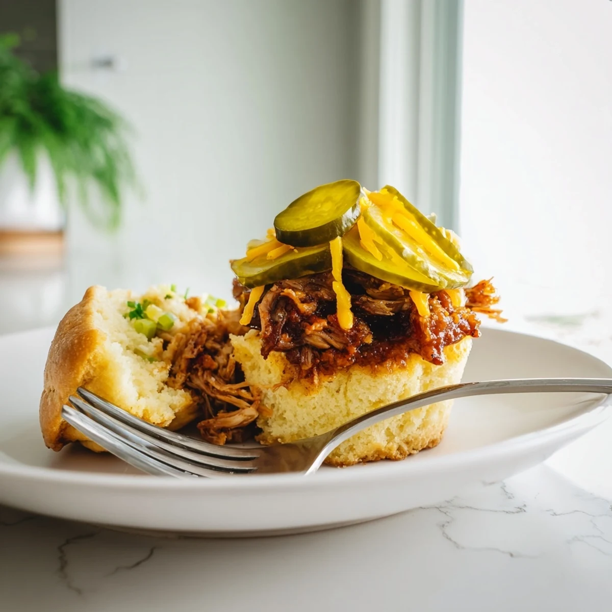 Warm, fluffy BBQ Pickle Pulled Pork Muffins ideal for snacks and game day treats.
