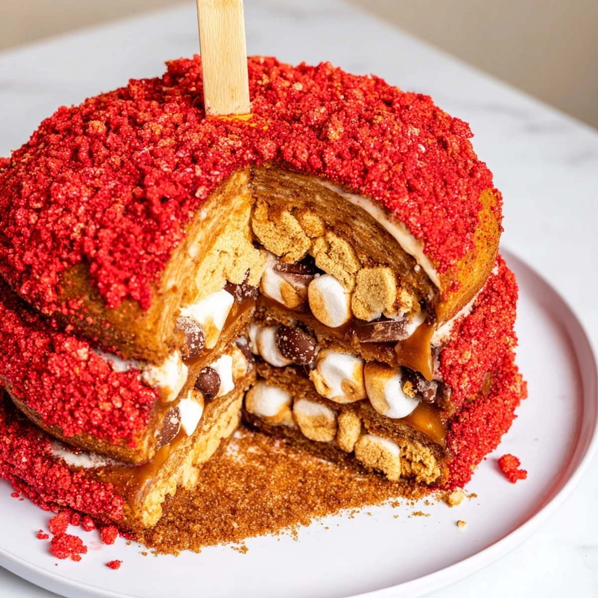 Delicious Smores Churro Cake Pancakes, wrapped in flaky biscuit with spicy crumbs.