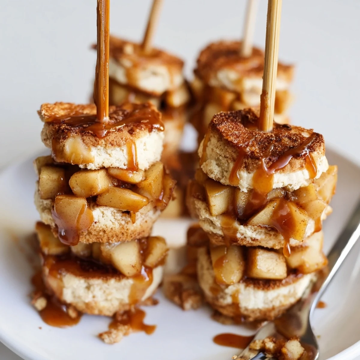 Decadent Caramel Apple Chai Cheesecake Cake Muffin Skewers stacked with irresistible flavors.  