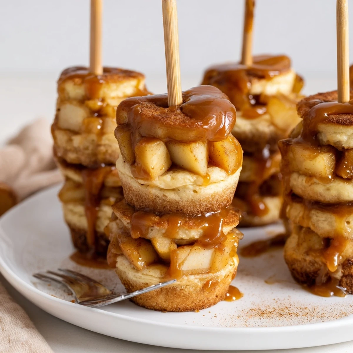 Colorful skewers of Caramel Apple Chai Cheesecake Cake Muffins drizzled with warm caramel.  