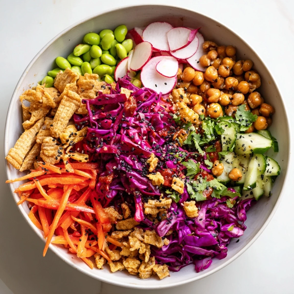 Colorful ASMR Crunch Snack Bowls filled with fresh veggies and crunchy toppings.