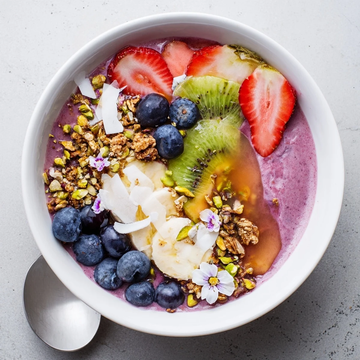 Colorful vibrant smoothie bowls topped with fresh fruits and crunchy pistachios for breakfast.
