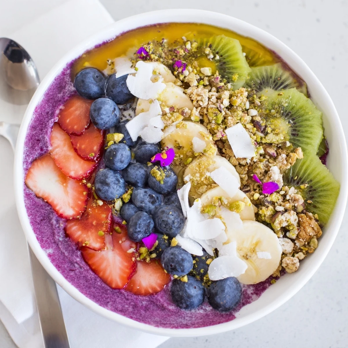 Delicious vibrant smoothie bowls feature purple yam and creamy yogurt for a healthy treat.