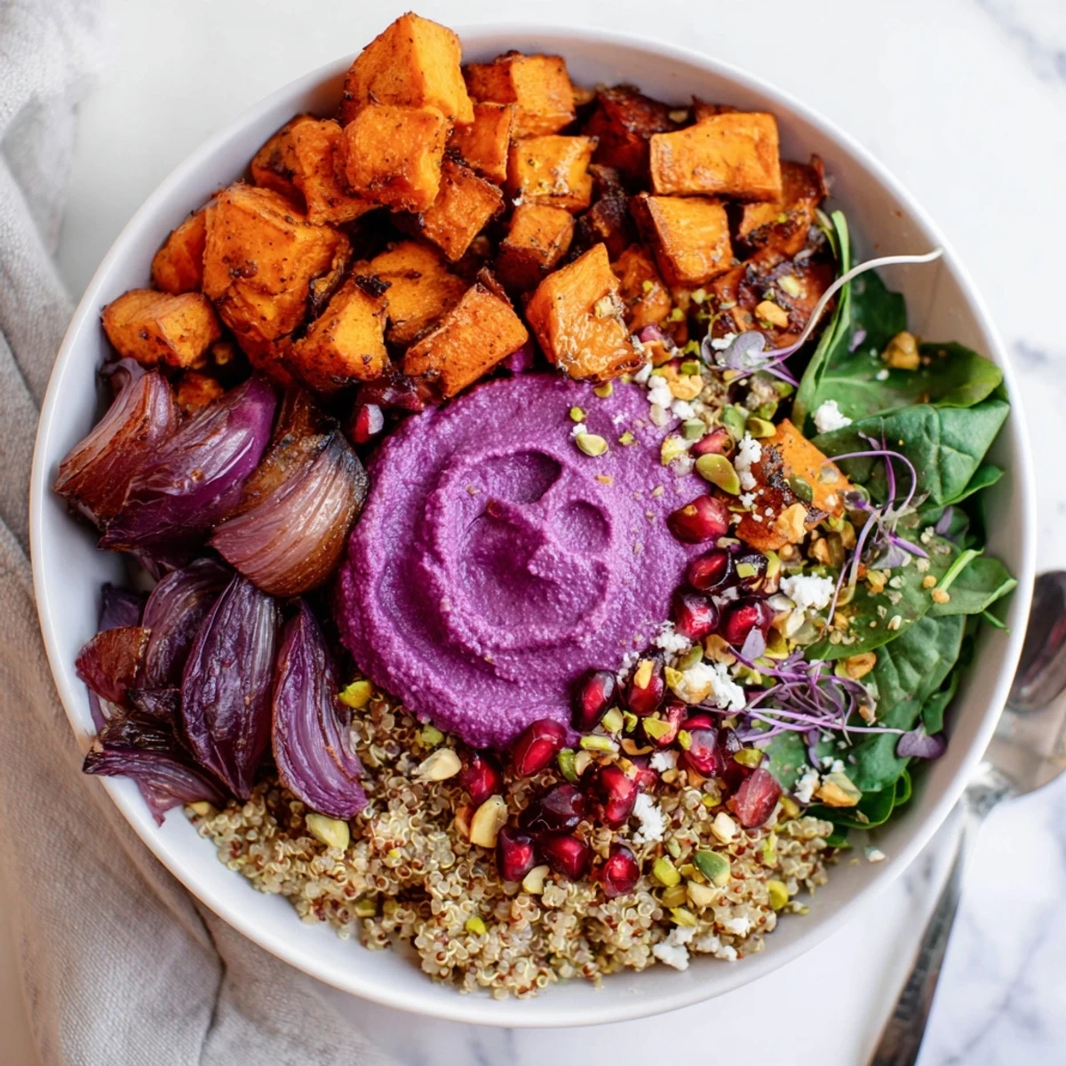 Delicious Spiced Winter Bowls adorned with vibrant roasted vegetables and creamy toppings.  