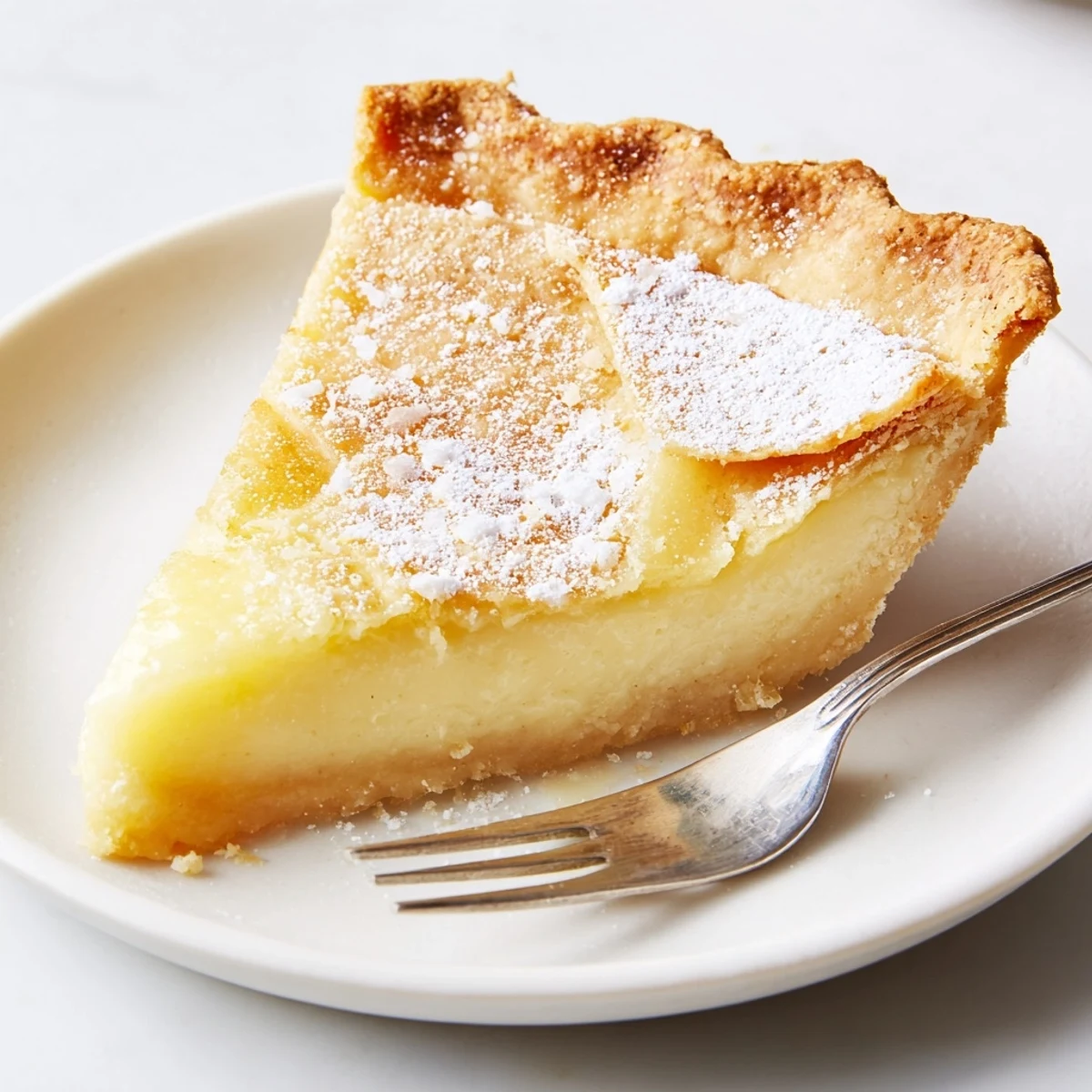 Creamy water pie drizzled with vanilla, nestled in a flaky crust.  