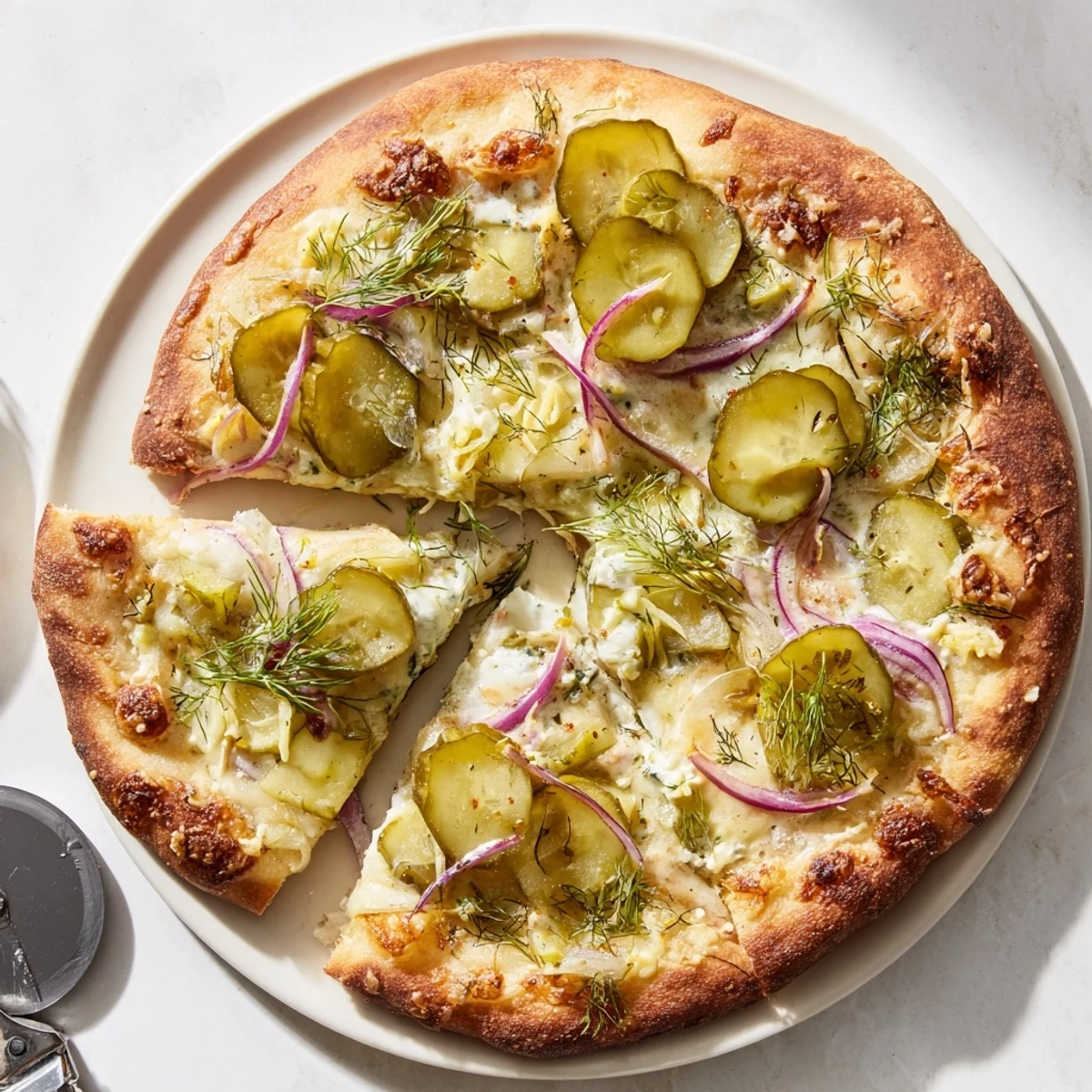 Tangy Pickle Pizza with creamy sauce and crunchy toppings, perfect for adventurous eaters.  