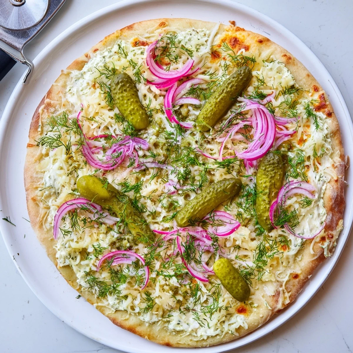 Freshly baked Pickle Pizza, featuring a rich crème fraîche sauce and zesty dill pickles.