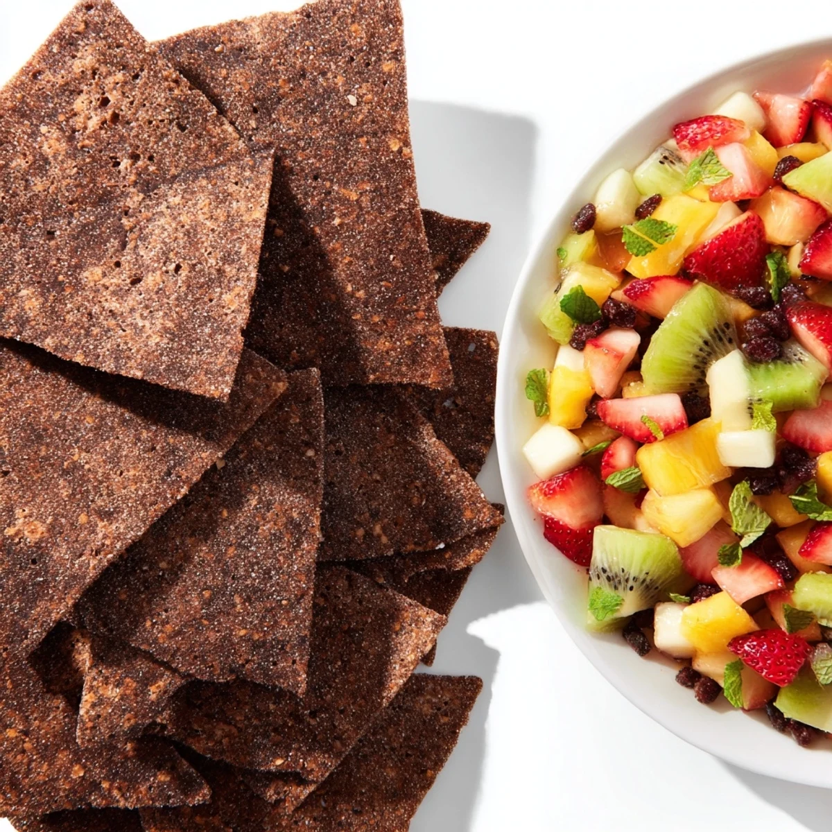 Crispy dessert chips & salsa with vibrant fruits and chocolatey tortillas, perfect for parties.  