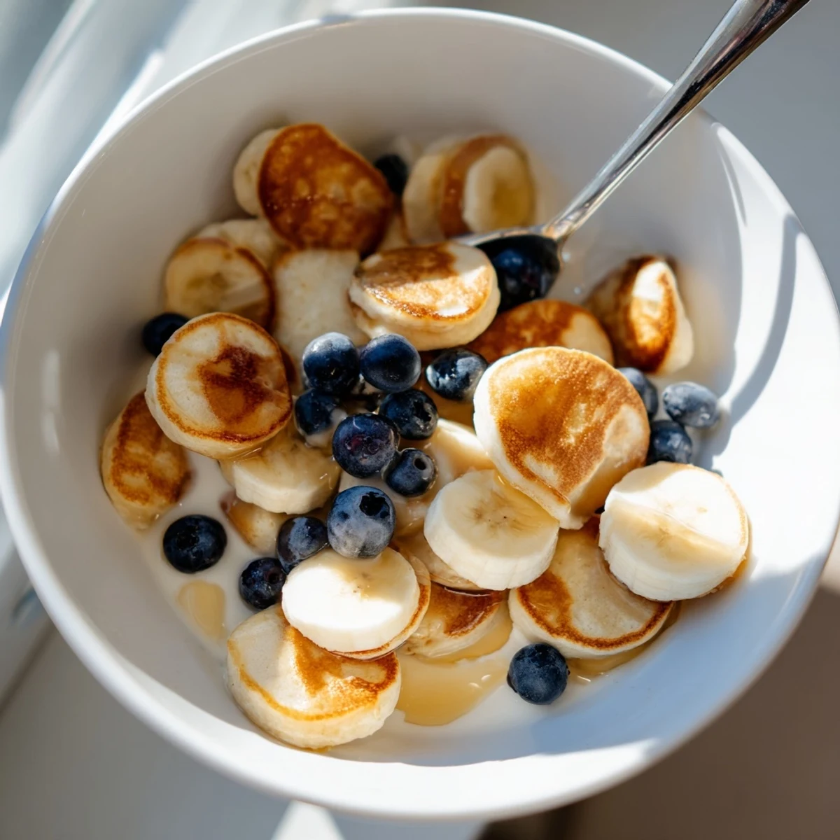 Mini Pancake Cereal piled high in a bowl, drizzled with syrup and topped with berries.  
