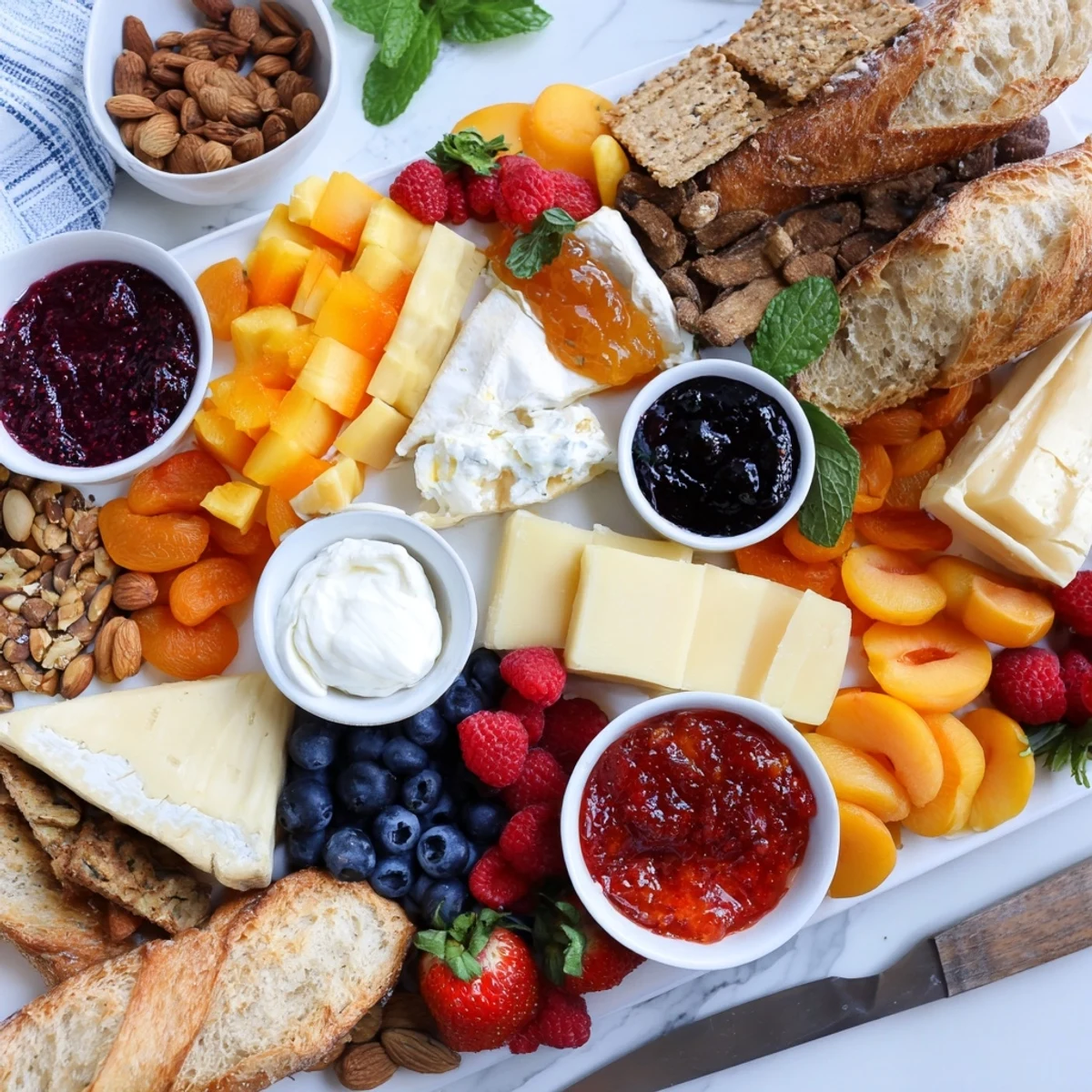 A colorful jam-infused brunch board with fresh fruits and artisan cheeses.  