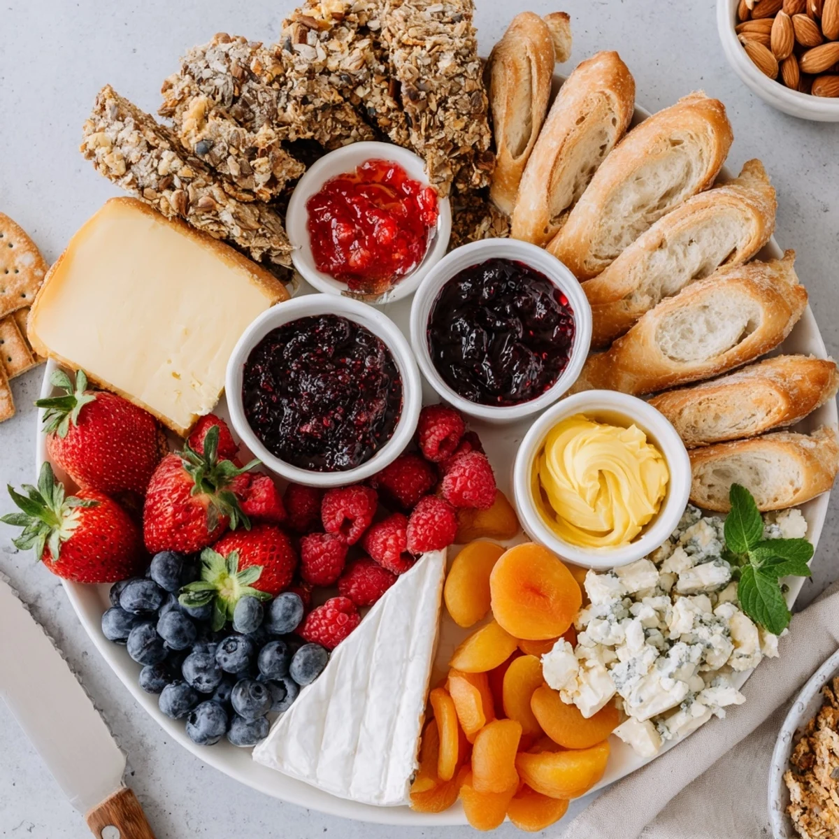 Delightful jam-infused brunch board featuring vibrant fruits and creamy cheeses.  