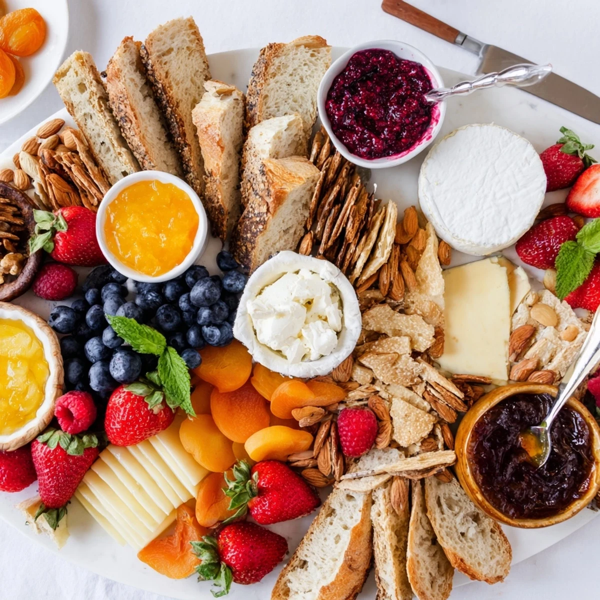 Beautifully arranged jam-infused brunch board, perfect for festive gatherings or brunches.