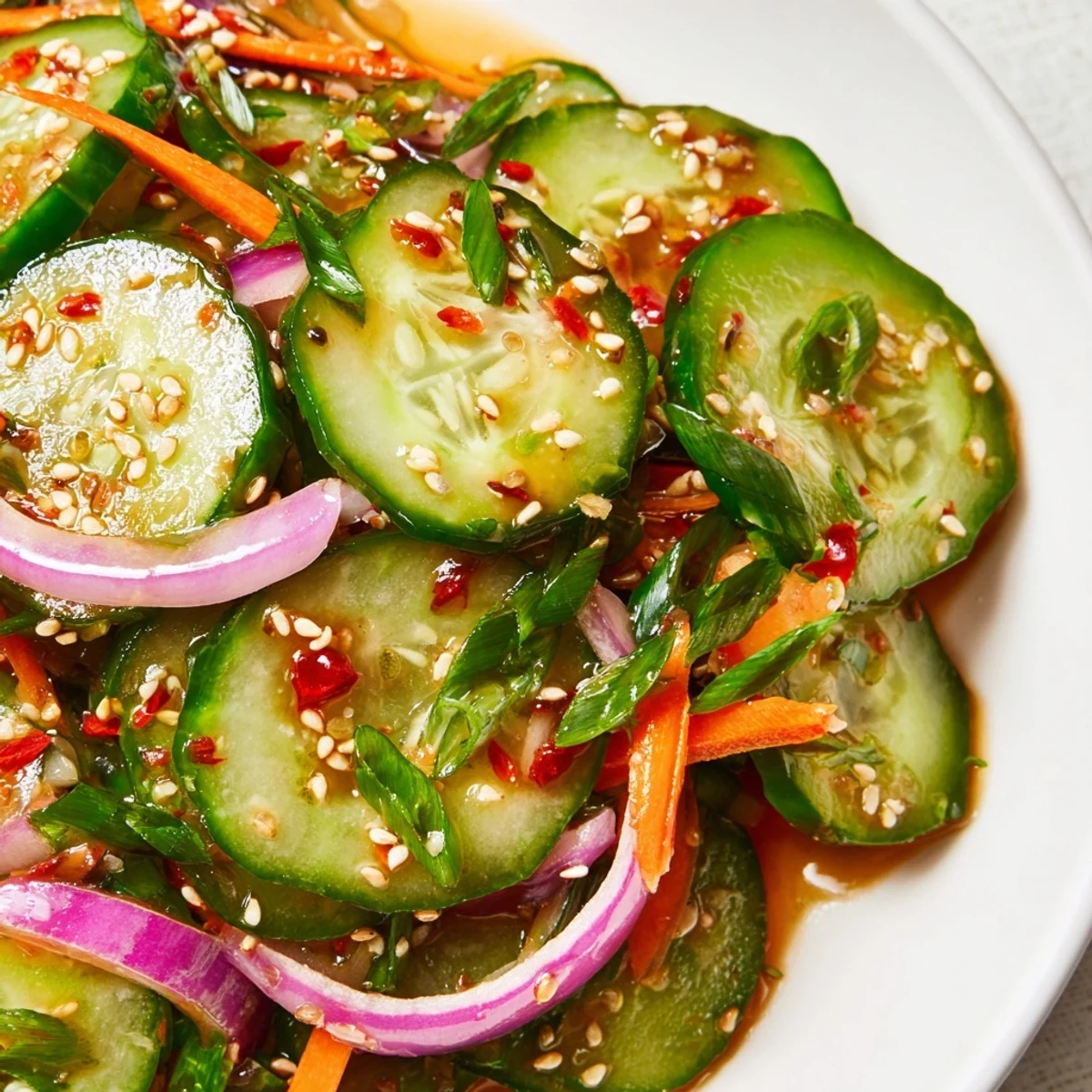 A colorful cucumber salad remix with fresh veggies and tangy dressing.  