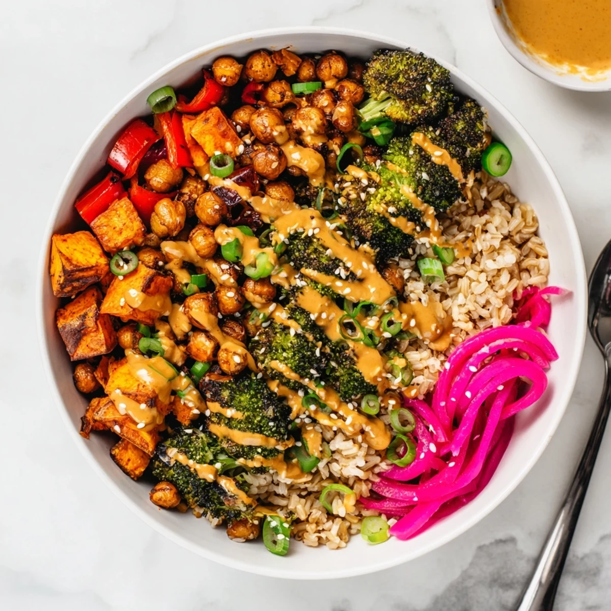 Customizable Bold Sauce Drizzle Bowls topped with chickpeas and spicy gochujang-maple.  