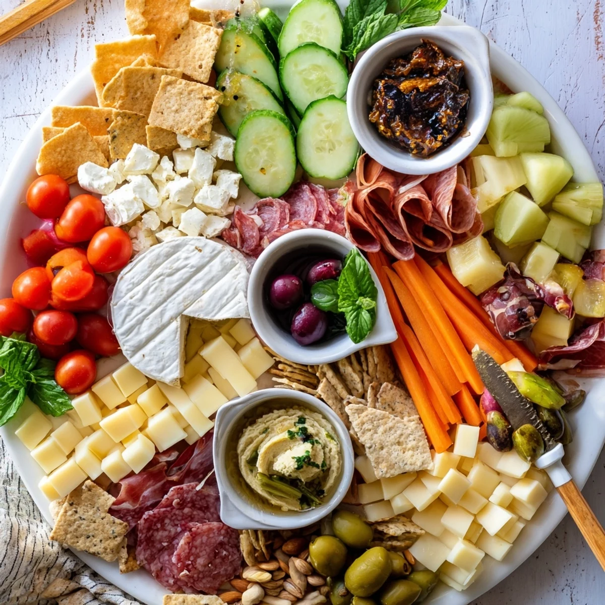A vibrant girl dinner platter filled with assorted cheeses, fruits, and dips.  