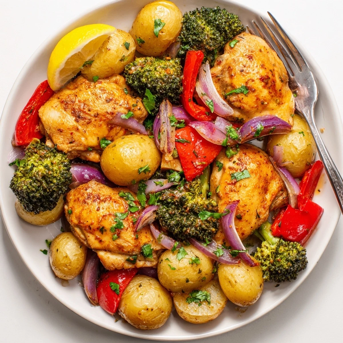 Savory Lazy Gourmet Chicken & Vegetable One-Pot served with lemon wedges and fresh parsley garnish.
