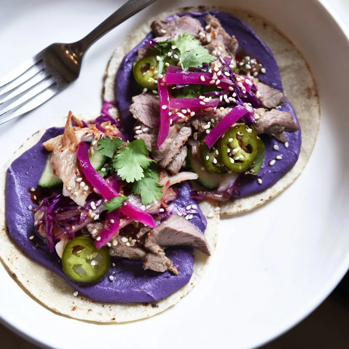 Vibrant Global Street-Food Fusion Tacos topped with ube crema and fresh vegetables.  