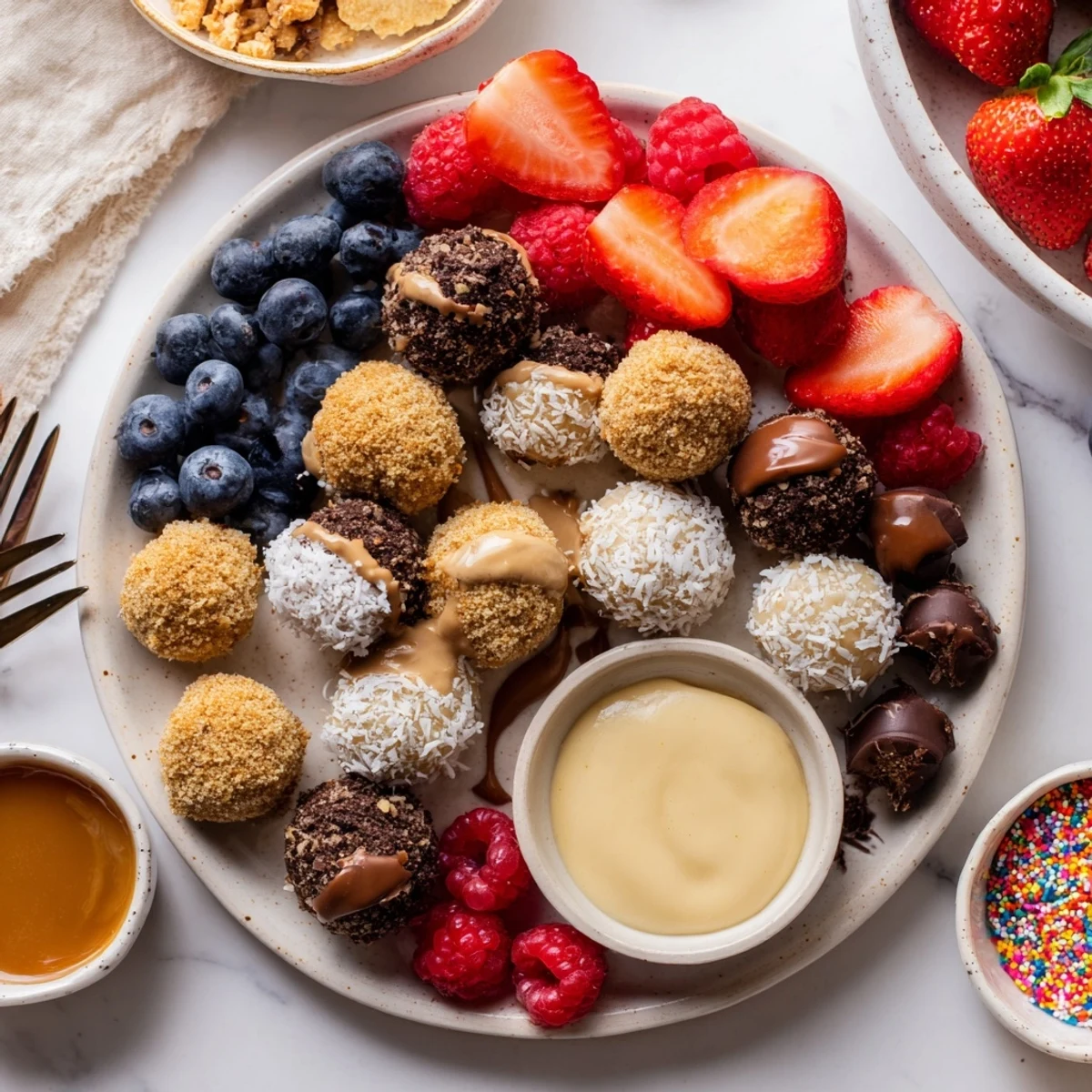 Interactive cheesecake bites served with assorted toppings for a fun dessert experience. 