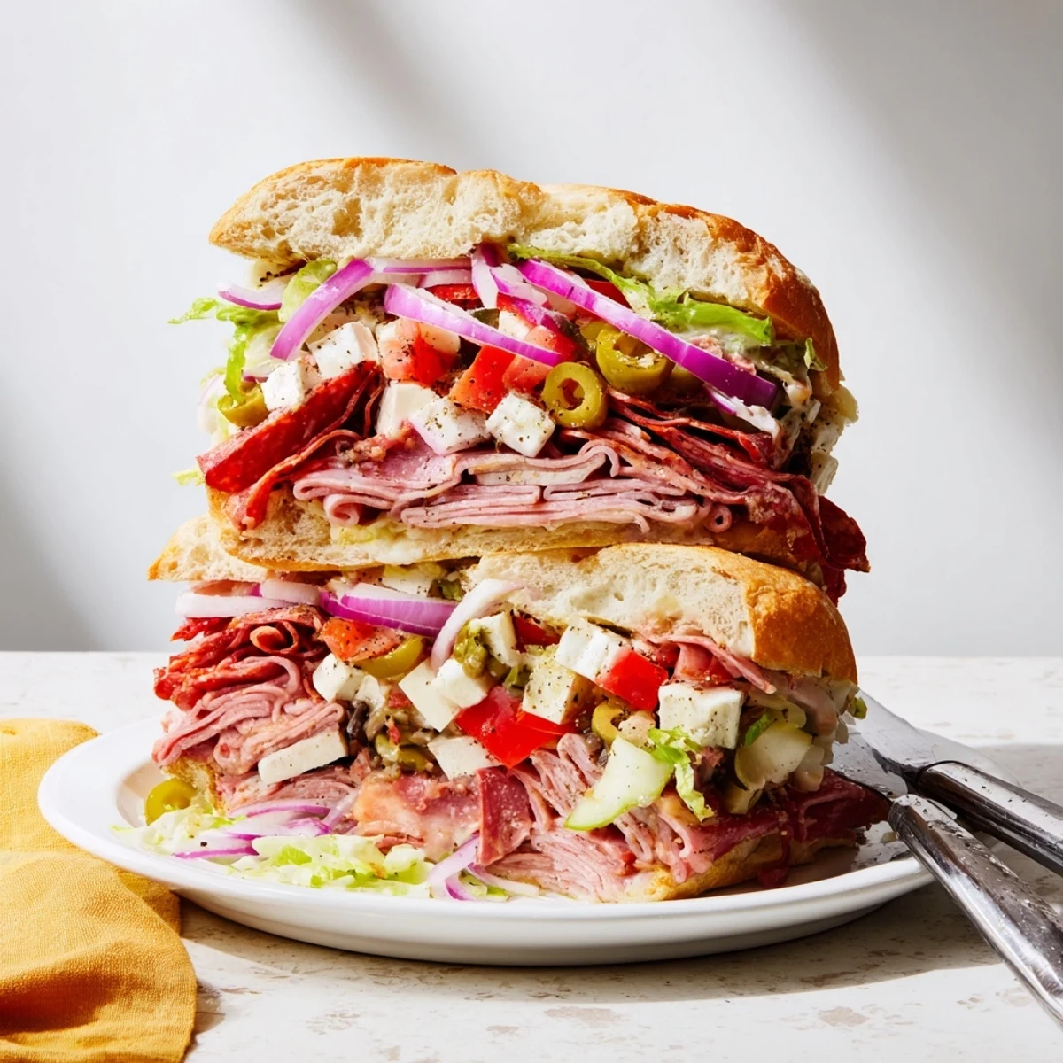 Colorful Flavor Mash-Up Sandwiches stacked high with meats, cheeses, and fresh veggies.  
