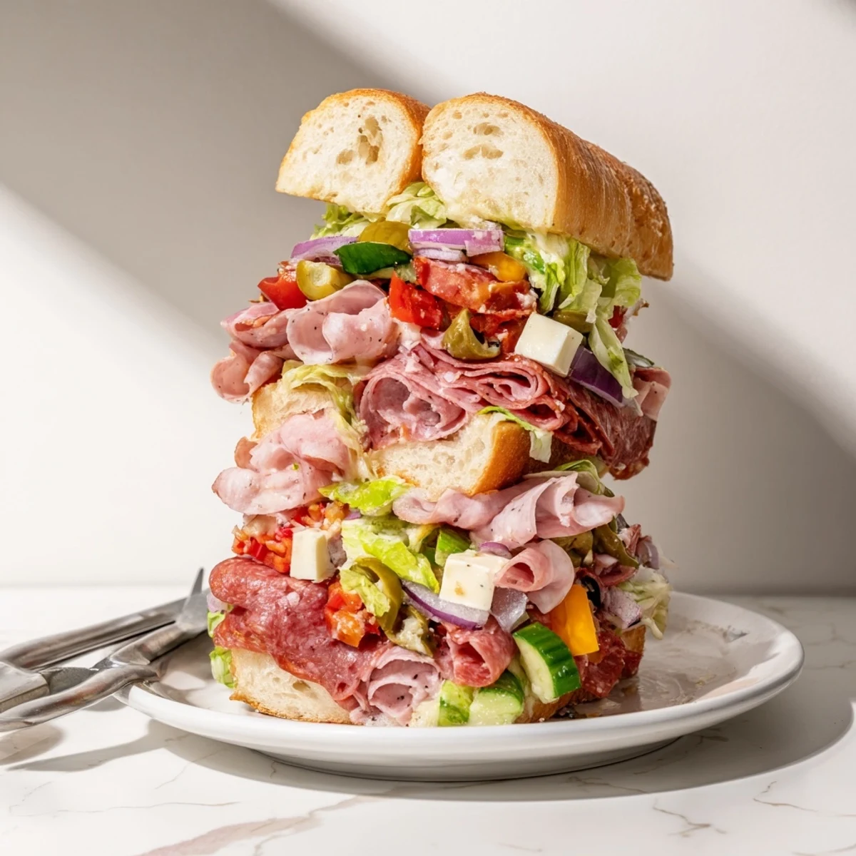 Delectable Flavor Mash-Up Sandwiches layered with salami, turkey, and zesty condiments.