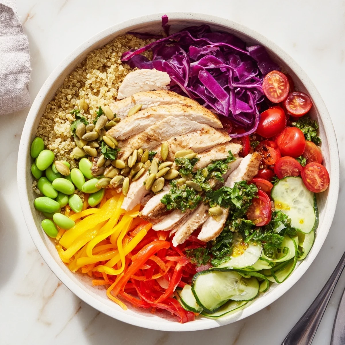 Vibrant healthy meal-prep bowls with layers of fresh veggies and zesty dressing.  