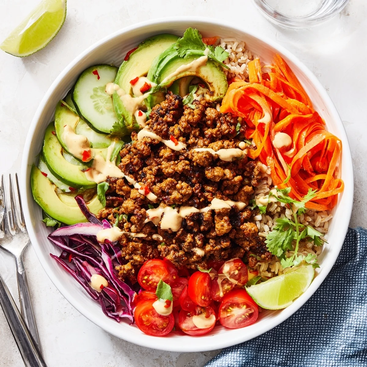Vibrant plant-based meat bowl garnished with fresh vegetables and spicy mayo drizzle.