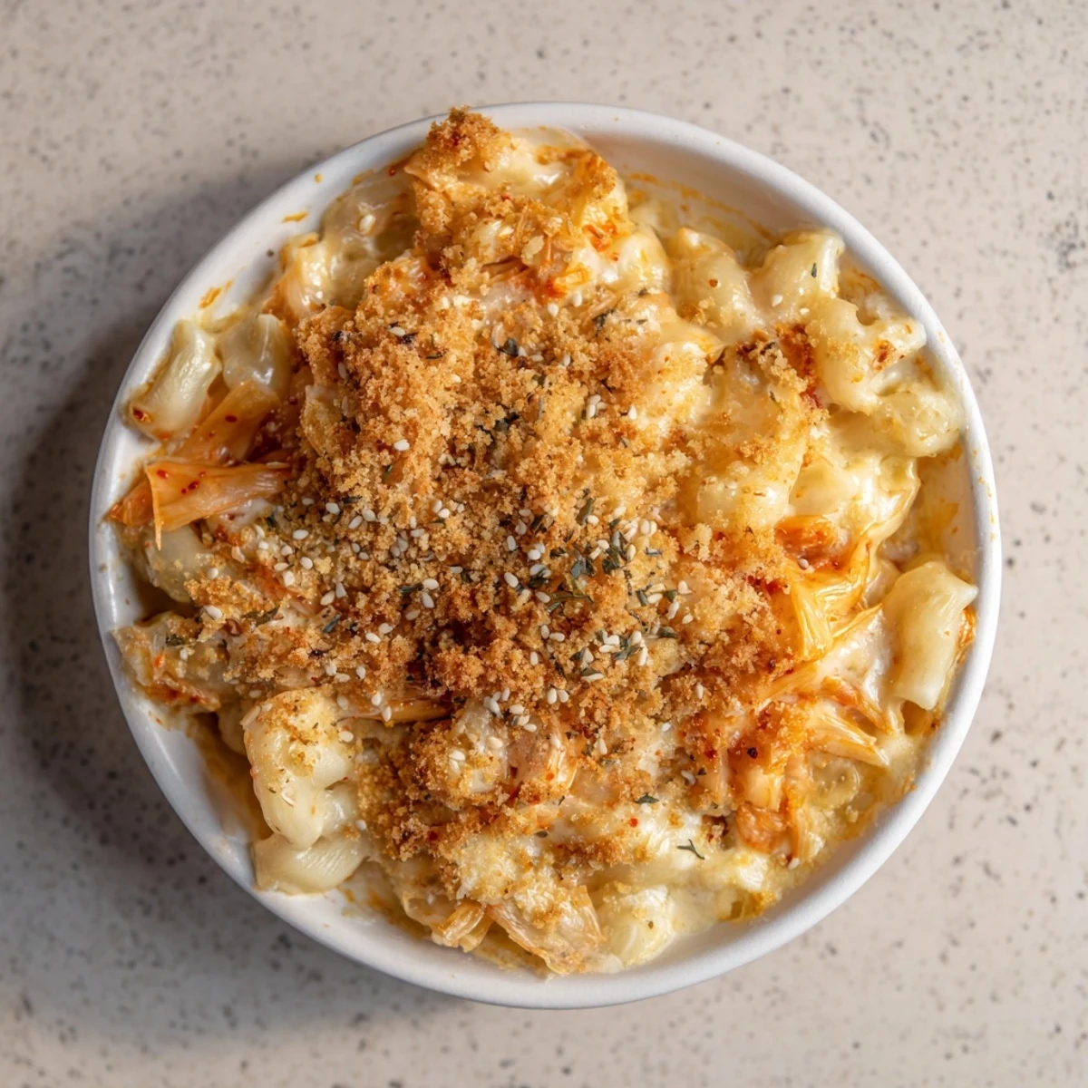 Creamy Spicy Kimchi Mac & Cheese topped with crispy panko and sesame seeds.