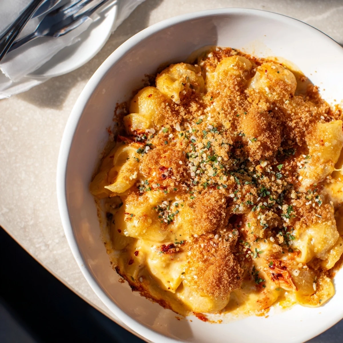 Bold Spicy Kimchi Mac & Cheese with melty cheeses and a crunchy topping.