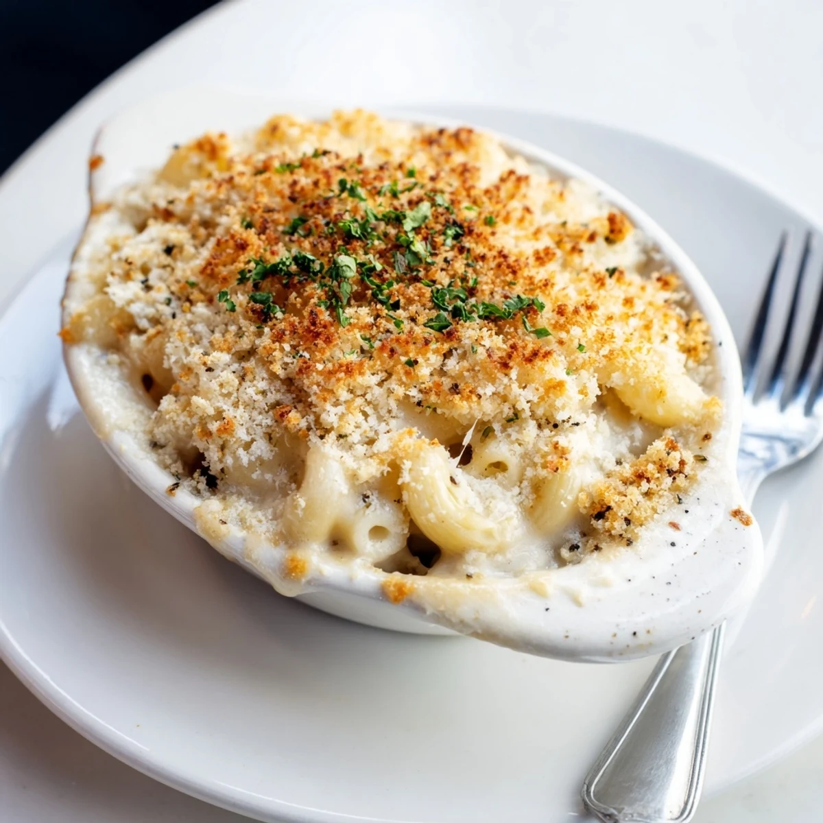 Creamy truffle macaroni and cheese topped with crispy panko breadcrumbs, golden brown.  