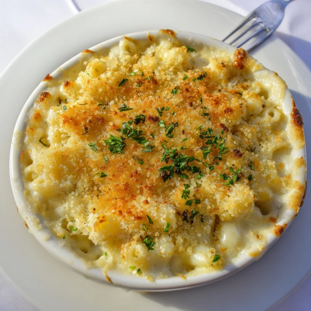 Decadent truffle macaroni and cheese served in a rustic baking dish, inviting aroma.  