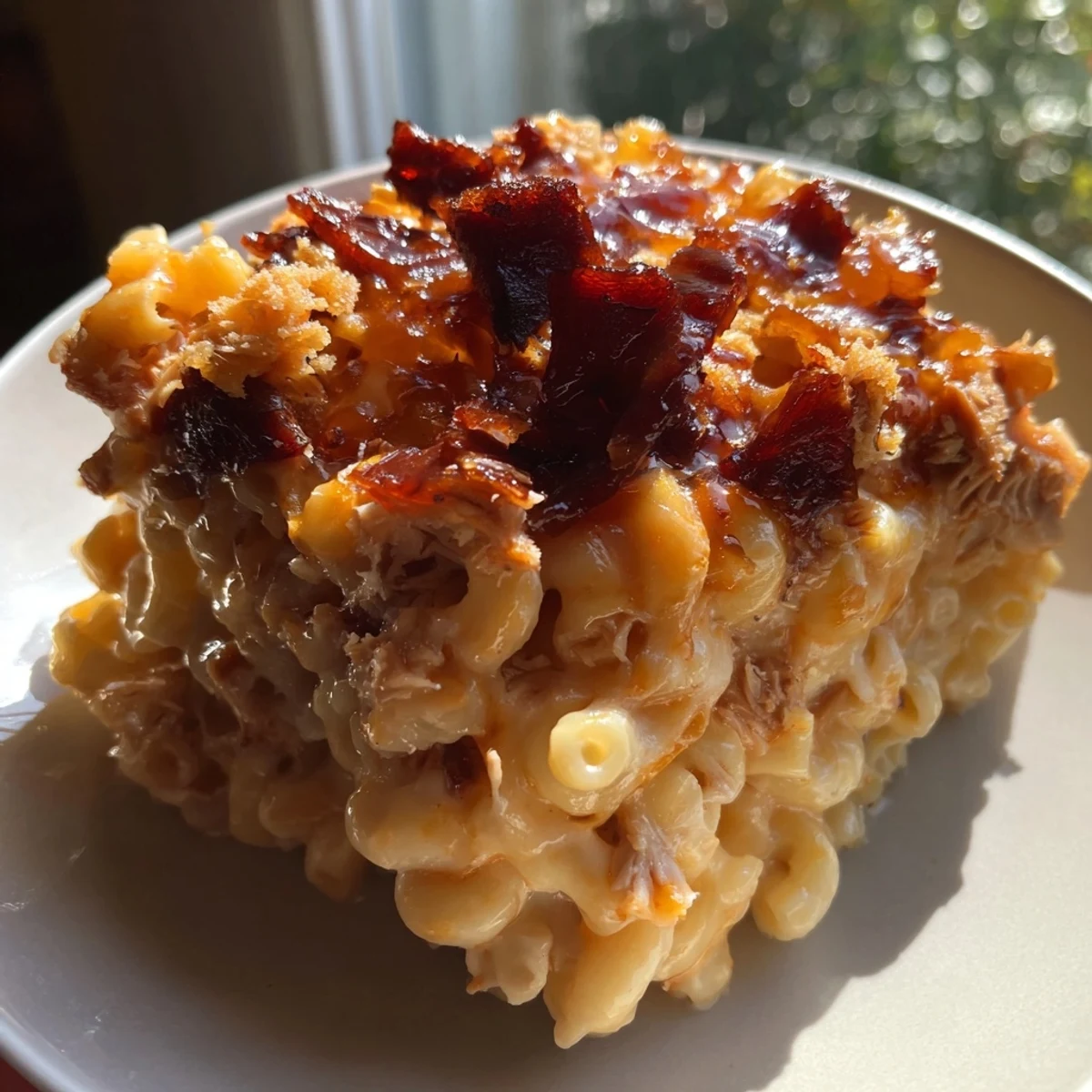 Delicious Classic Mac & Cheese with BBQ Chicken, featuring melted cheese and smoky flavors.