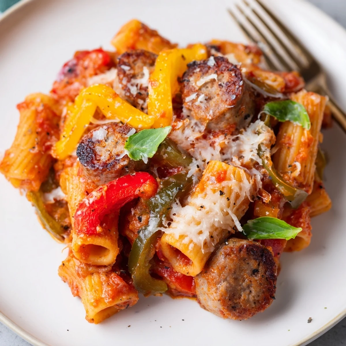 Hearty baked rigatoni with sausage and peppers topped with melted cheese.  
