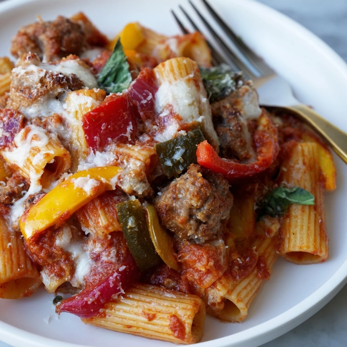 Savory baked rigatoni with vibrant peppers and rich tomato sauce melting together.  