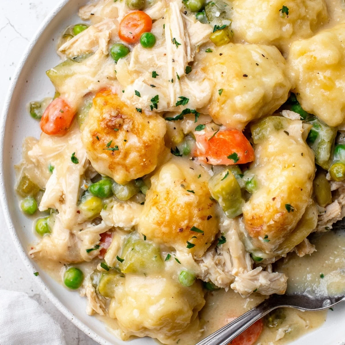 Golden chicken and dumplings casserole topped with fluffy dumplings and savory sauce.  