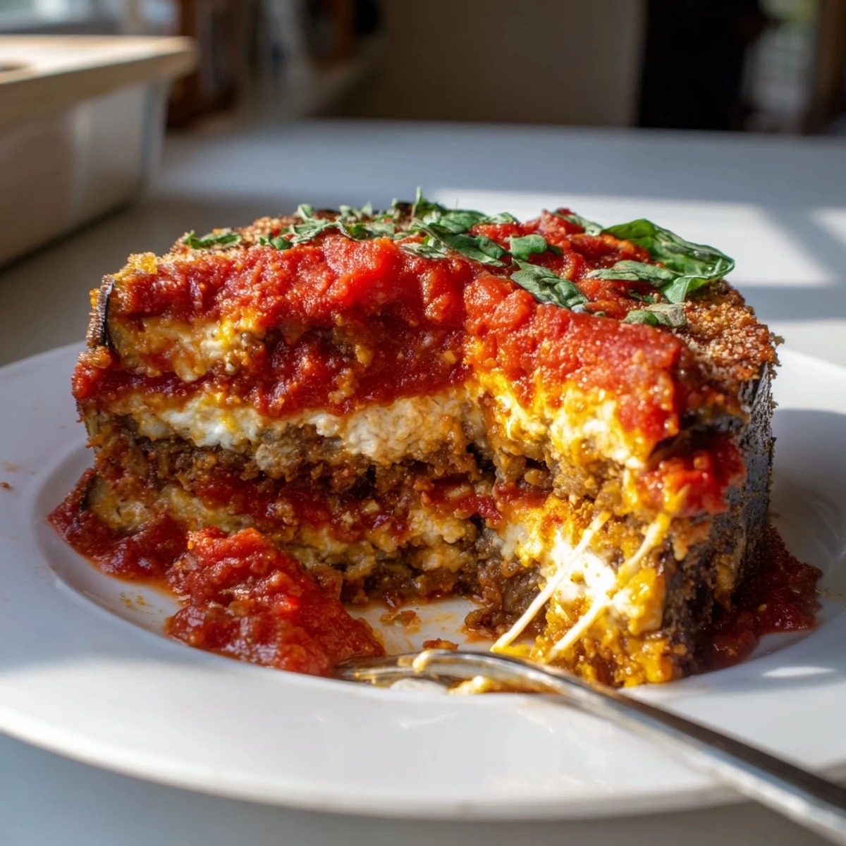 Deliciously cheesy Eggplant Parmesan Lasagna served hot, perfect for family gatherings.
